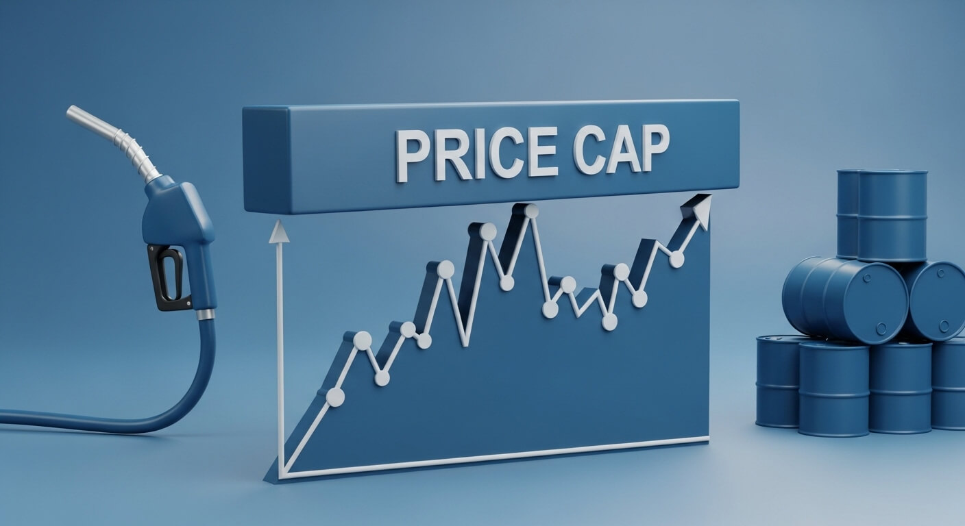 PRICE CAP BAR 가 있고 밑에는 꺽은선 그래프가 있으면 기름넣는기구와 오일통이있다