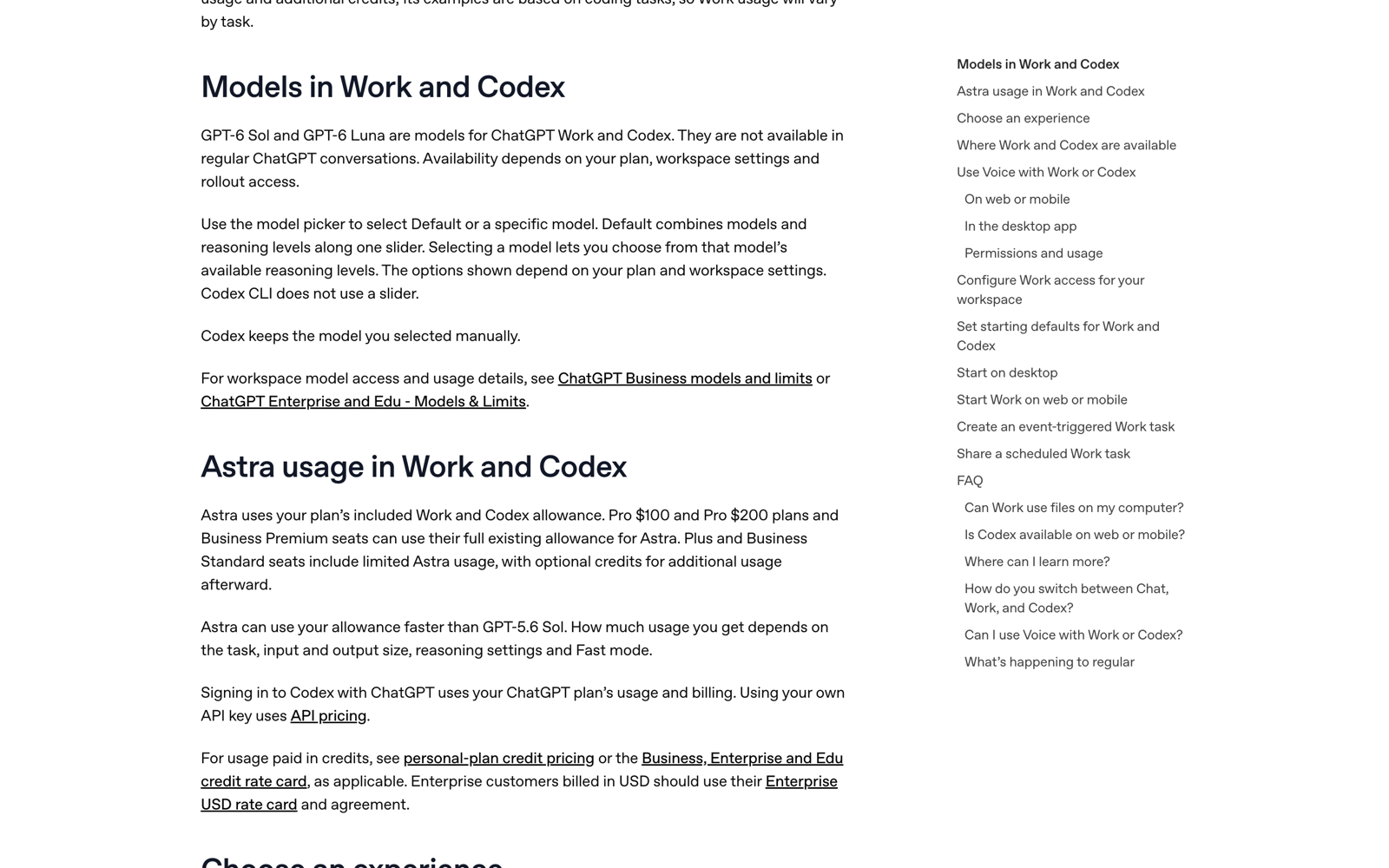 오픈AI 도움말 센터의 Work와 Codex 모델 안내 부분