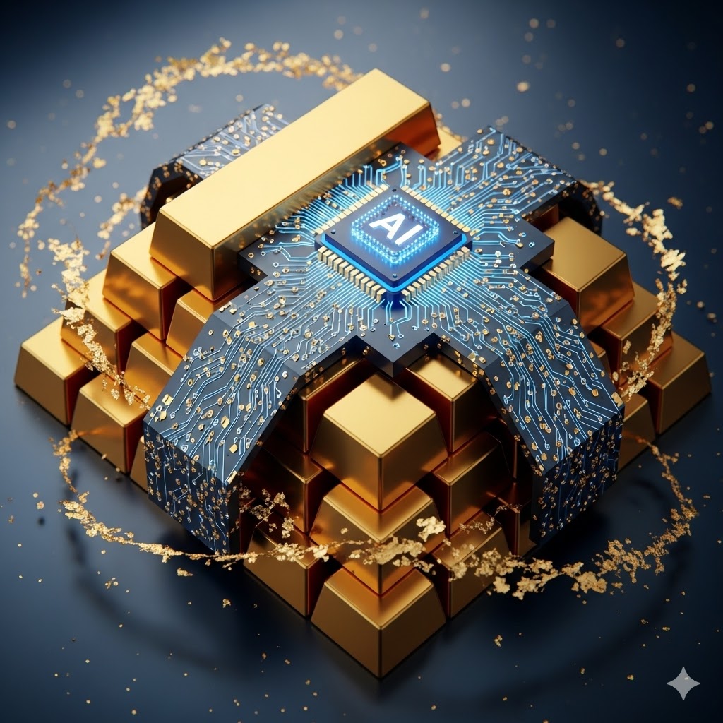 A sophisticated fusion of gleaming gold bars and a glowing AI circuit board, representing the intersection of traditional wealth and future technology.