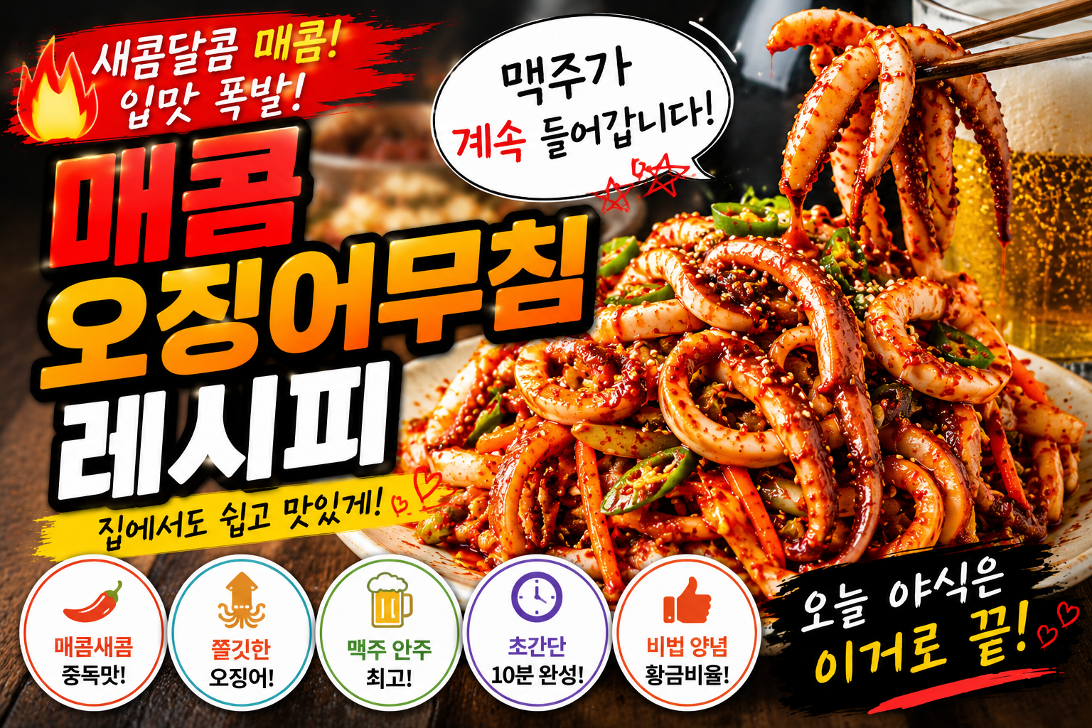 매콤 오징어무침 레시피, 맥주가 계속 들어갑니다