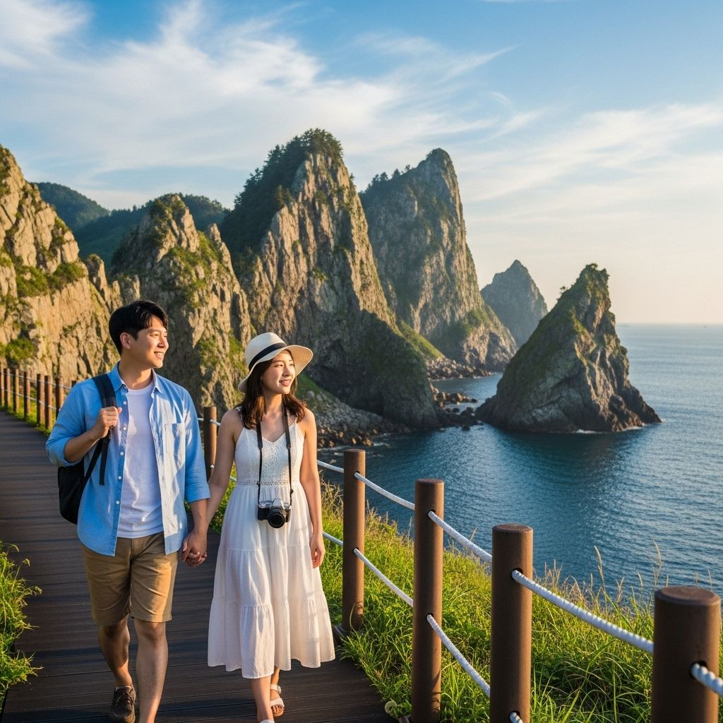 경차 사랑카드, 해안 절벽 전망대 길을 걷고 있는 연인