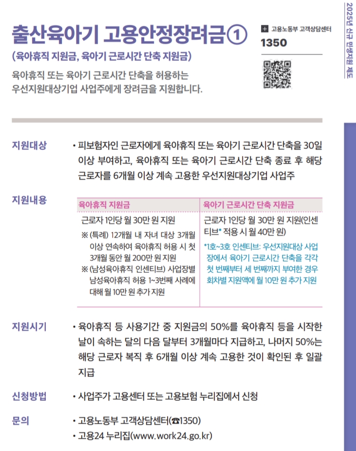 2025 출산육아기 고용안정장려금 육아휴직 지원 육아기 근로시간 단축 지원 안내