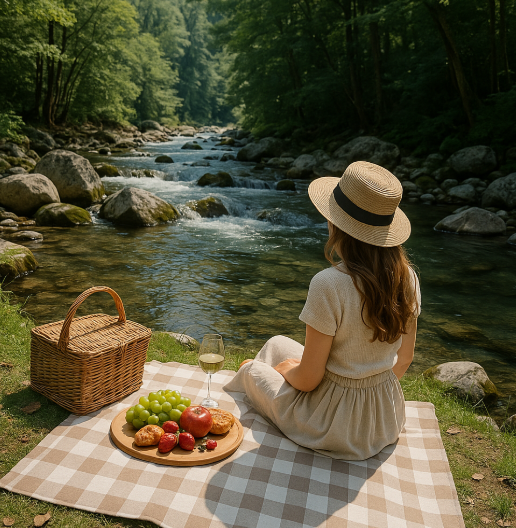 계곡 근처에서 피크닉하는 모습