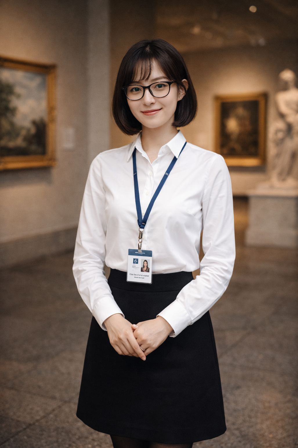 검은 단발 머리에 뿔테 안경을 낀 여자 가이드의 모습