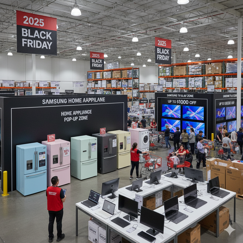 2025 삼성전자 블랙프라이데이 코스트코 특가전 현장 모습 – 비스포크 냉장고, 세탁기, TV 등 가전제품 할인 팝업존