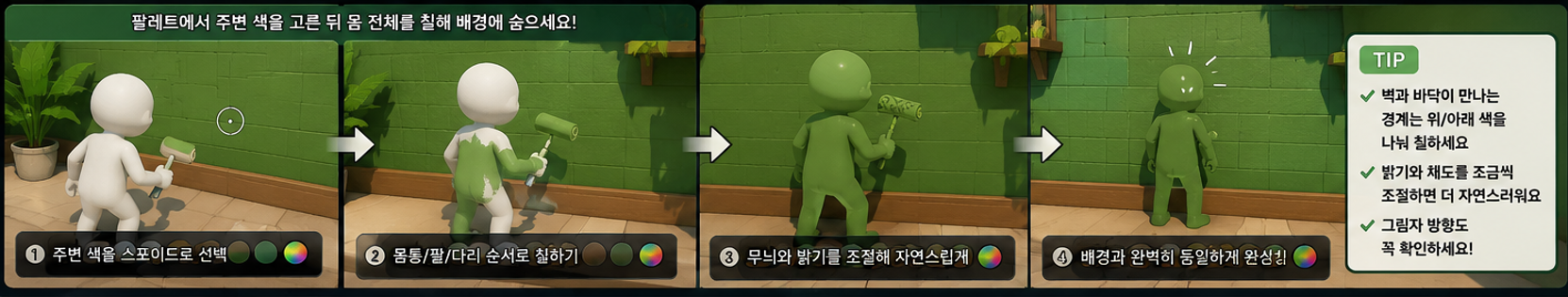 MECCHA CHAMELEON 흰색 캐릭터가 배경에 맞춰 몸을 색칠하는 모습