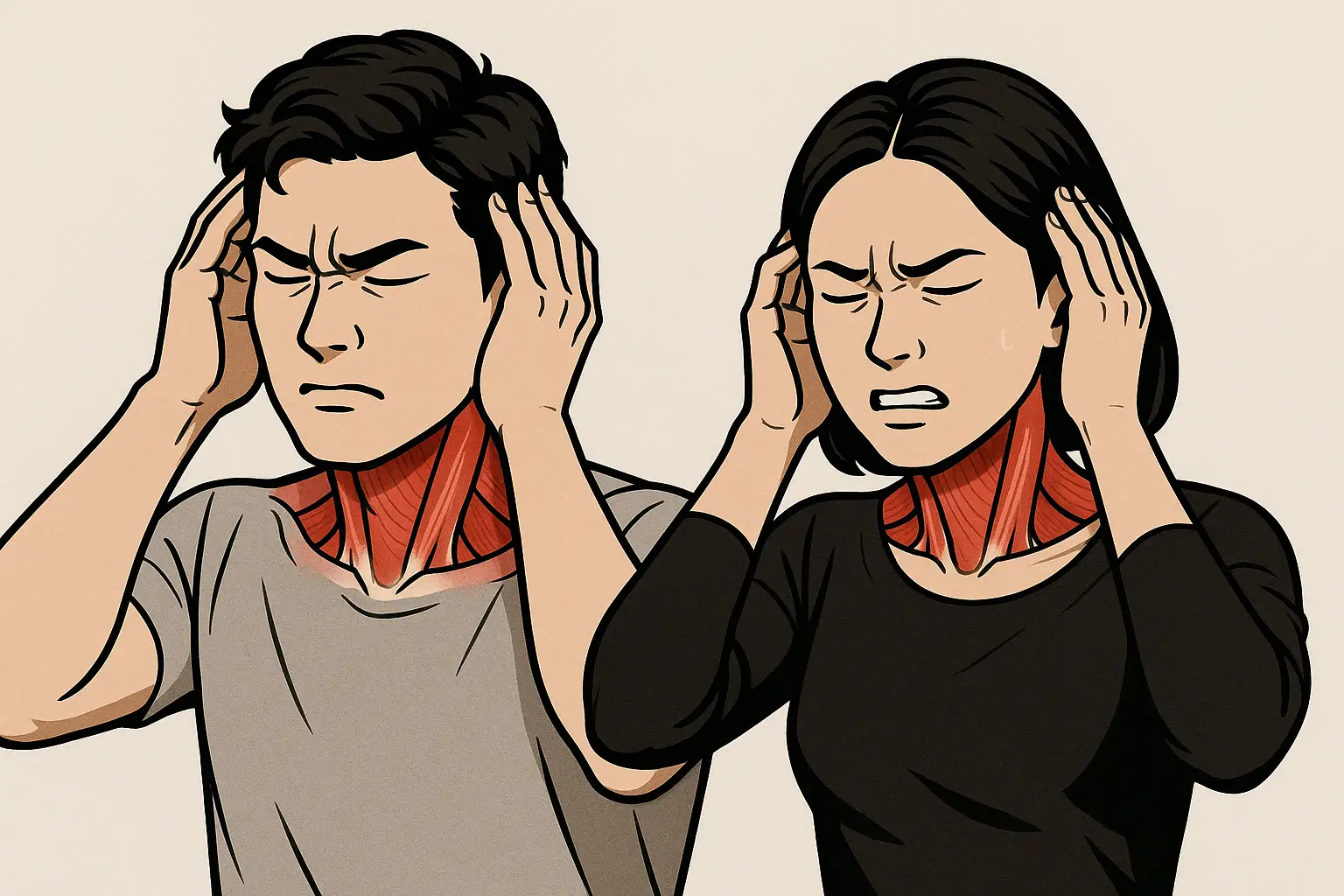 어깨와 목 근육이 뭉쳐서 머리를 조이는 듯한 통증