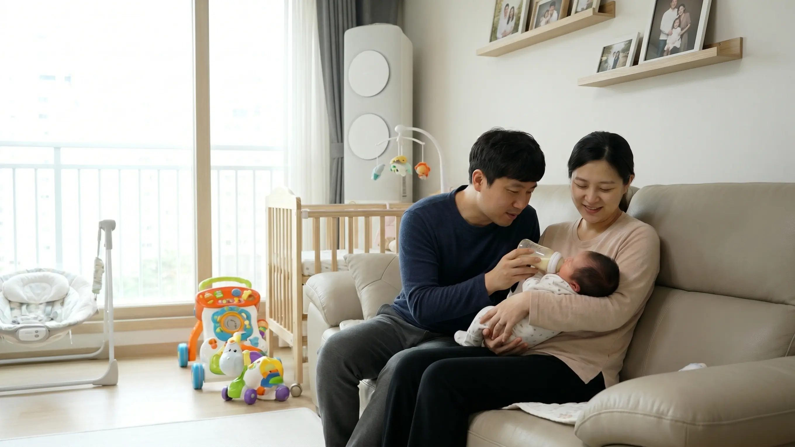 신생아를 돌보는 부모 모습
