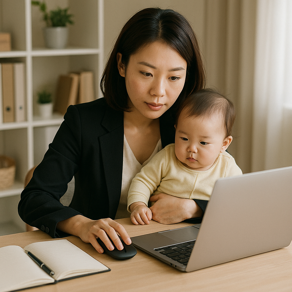 아기를 안고 일하는 엄마 사진