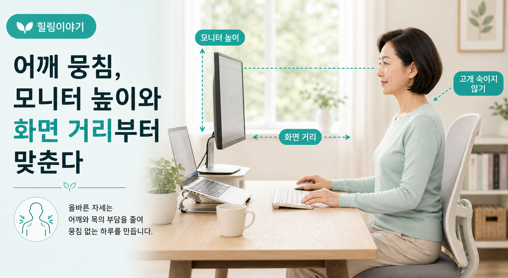 컴퓨터 오래 하면 어깨가 뭉치는 이유 중 모니터 높이와 화면 거리를 확인하는 책상 자세 이미지