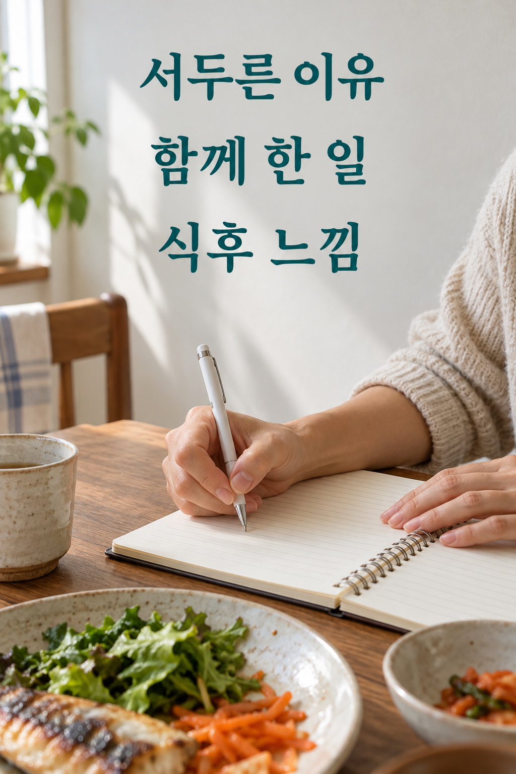 식사 후 서두른 이유와 함께 한 일, 식후 느낌을 짧게 적는 모습