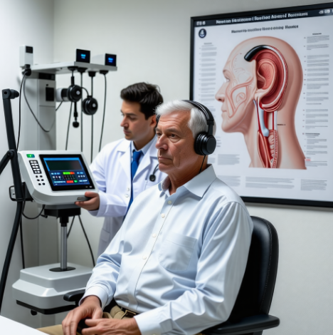 청력 검사를 받고 있는 중년 남성의 모습. 남성은 헤드폰을 착용하고 있으며, 청력 검사 기계 앞에 앉아 있다. 옆에는 의사가 서서 검사 결과를 모니터링하고 있다. 검사실은 조용하고 깨끗한 분위기이며, 벽에는 귀의 구조를 설명하는 포스터가 붙어 있다.