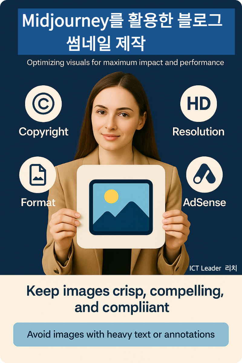 이미지 사용 가이드라인을 들고 있는 전문적인 여성, 저작권·해상도·포맷·애드센스 정책 등을 설명하는 인포그래픽