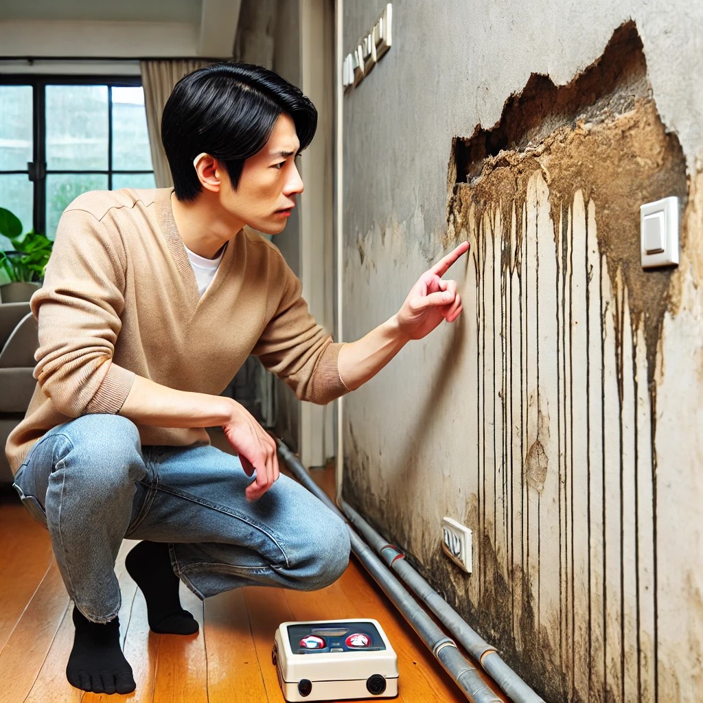 벽면 누수를 심각한 얼굴로 살펴보고 있는 남자