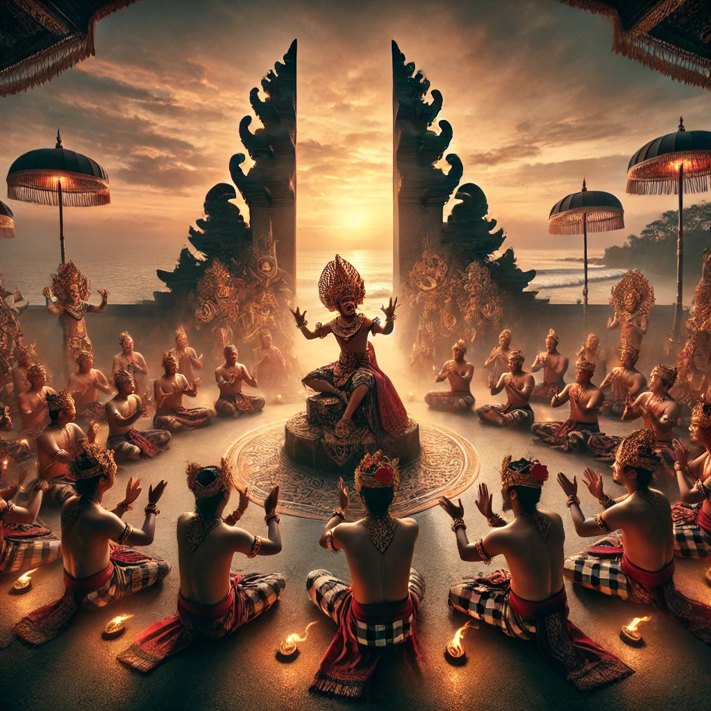 발리 전통 케착 댄스 공연이 펼쳐지는 모습