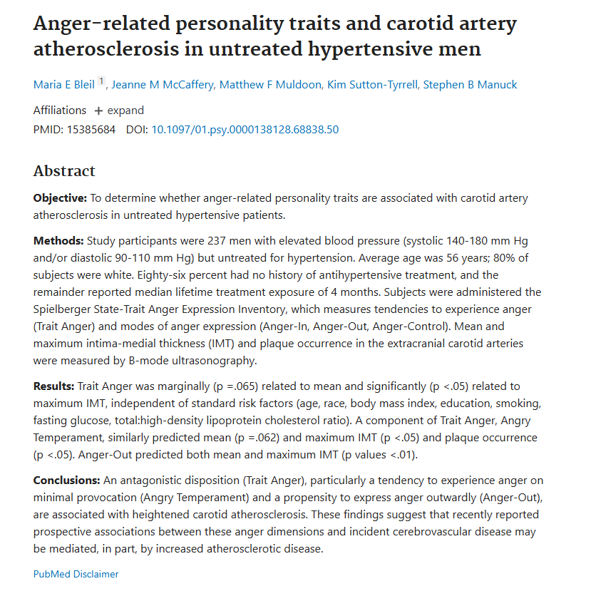 분노와 화 그리고 경동맥 경화율과 중풍에 대한 연구 논문 초록