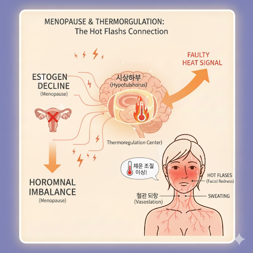 갱년기 여성 호르몬 불균형과 체온 조절 중추의 관계를 나타낸 이미지 - AI이미지