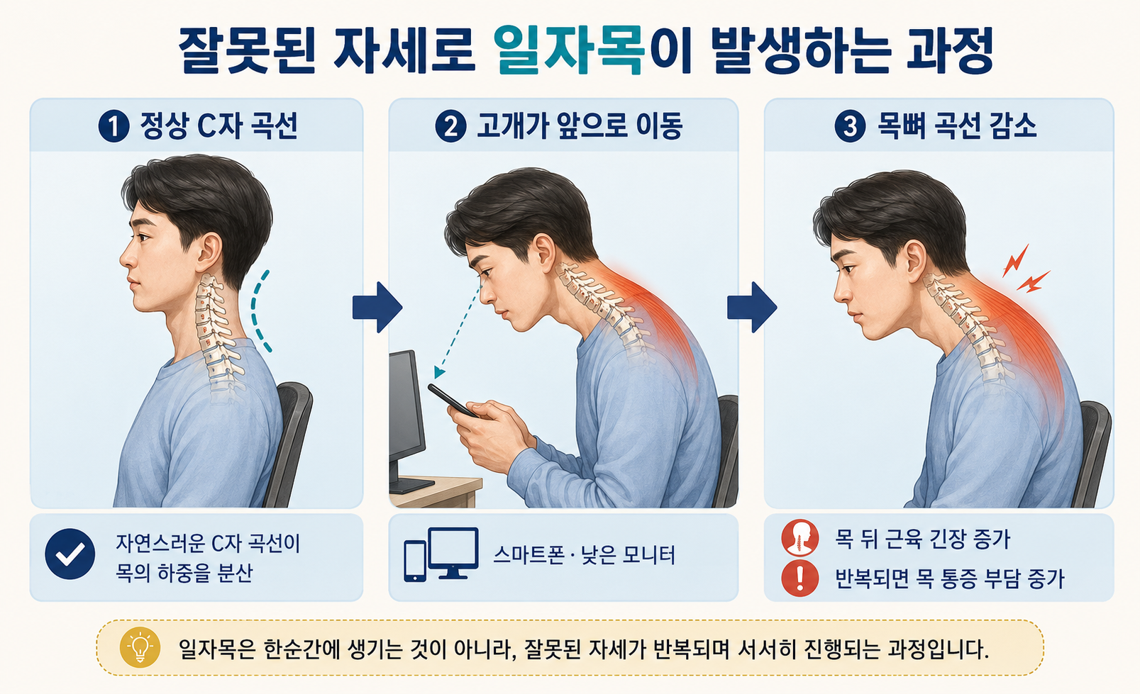 잘못된 자세로 일자목이 발생하는 과정과 목뼈 변화