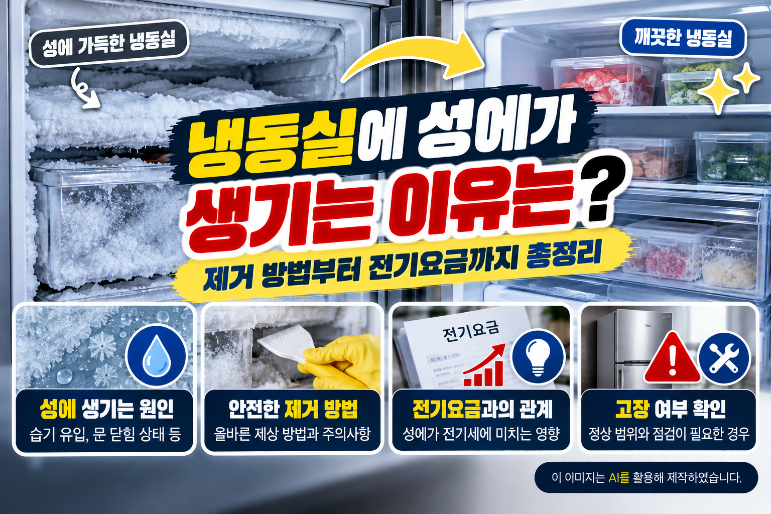성에가 두껍게 쌓인 냉동실과 깨끗하게 관리된 냉동실을 비교하며, 냉동실에 성에가 생기는 원인, 안전한 성에 제거 방법, 전기요금에 미치는 영향 및 냉장고 고장 여부를 확인하는 방법을 안내하는 이미지