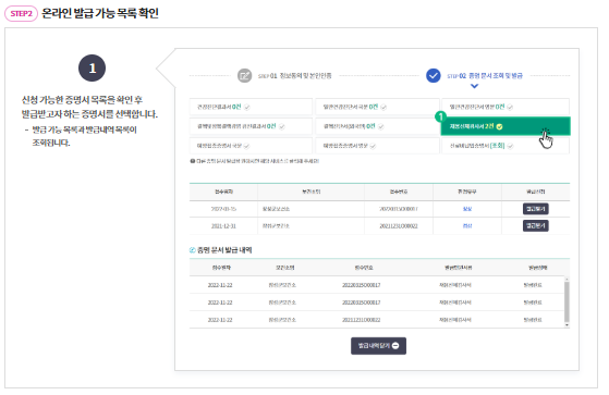 온라인 발급 가능 목록 확인