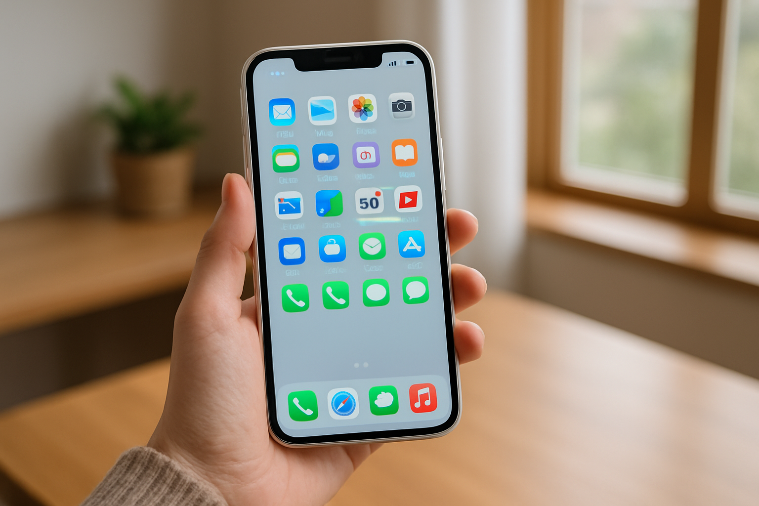 왼손으로 스마트폰을 들고 있는 사람이 깔끔하게 정돈된 홈 화면을 바라보고 있는 모습. 디지털 정리를 통해 집중 환경을 구축한 상황을 상징함.
