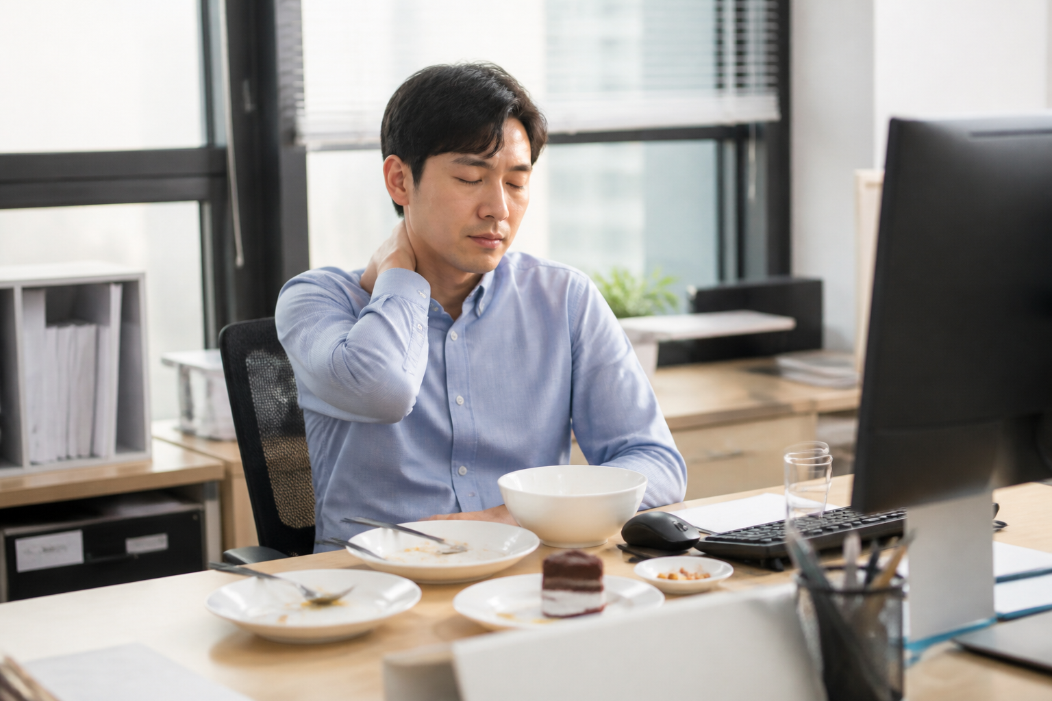 디저트 뒤 오래 앉아 있는 상황
