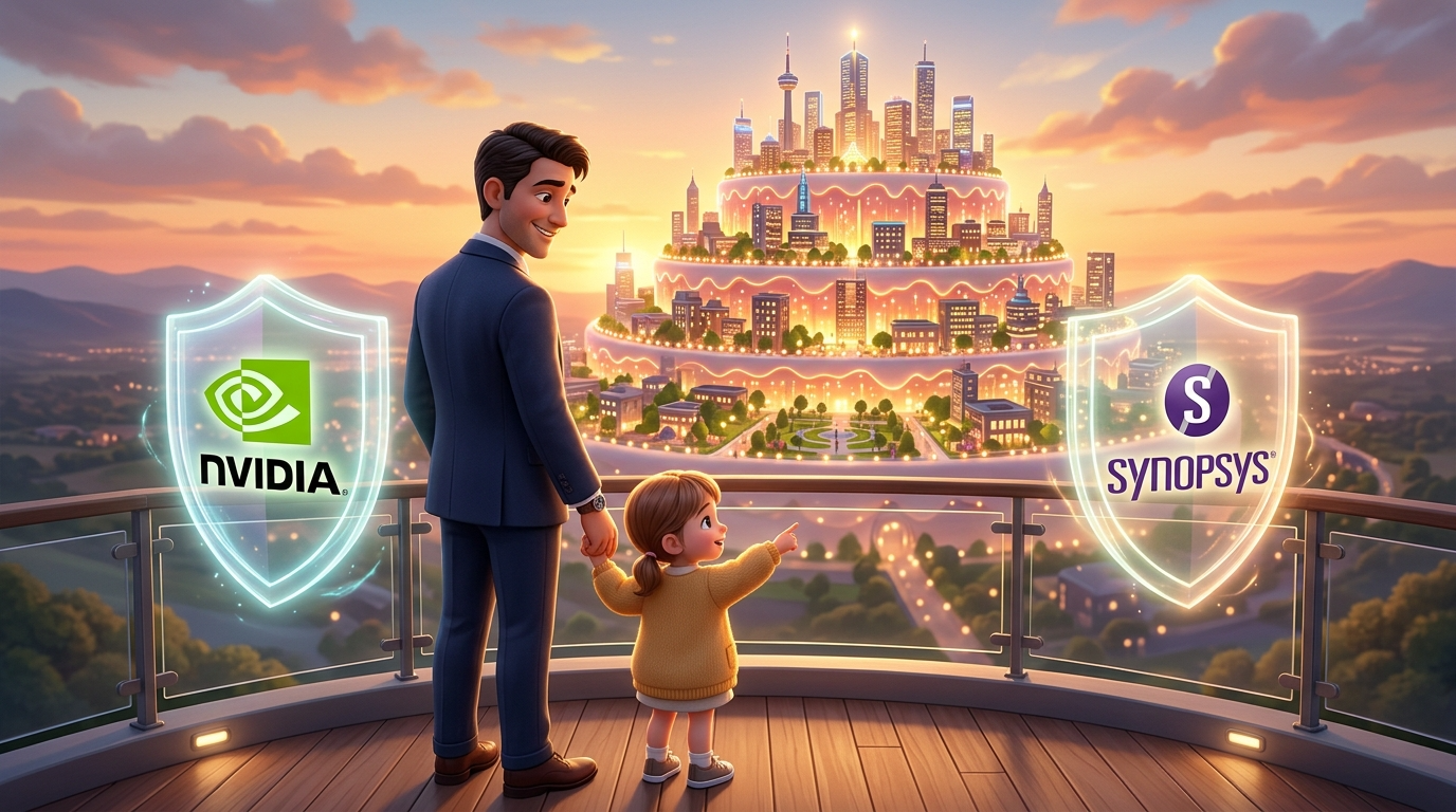 아빠가 아이의 손을 잡고 반짝이는 AI 도시(5단 케이크 형상)를 바라보고 있고, 그 주위를 엔비디아와 시놉시스 방패가 든든하게 지켜주는 따뜻한 3D 일러스트