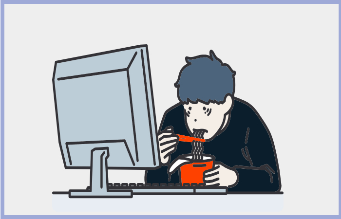 컴퓨터 앞에서 라면을 먹으며 화면에 몰입한 청소년 일러스트