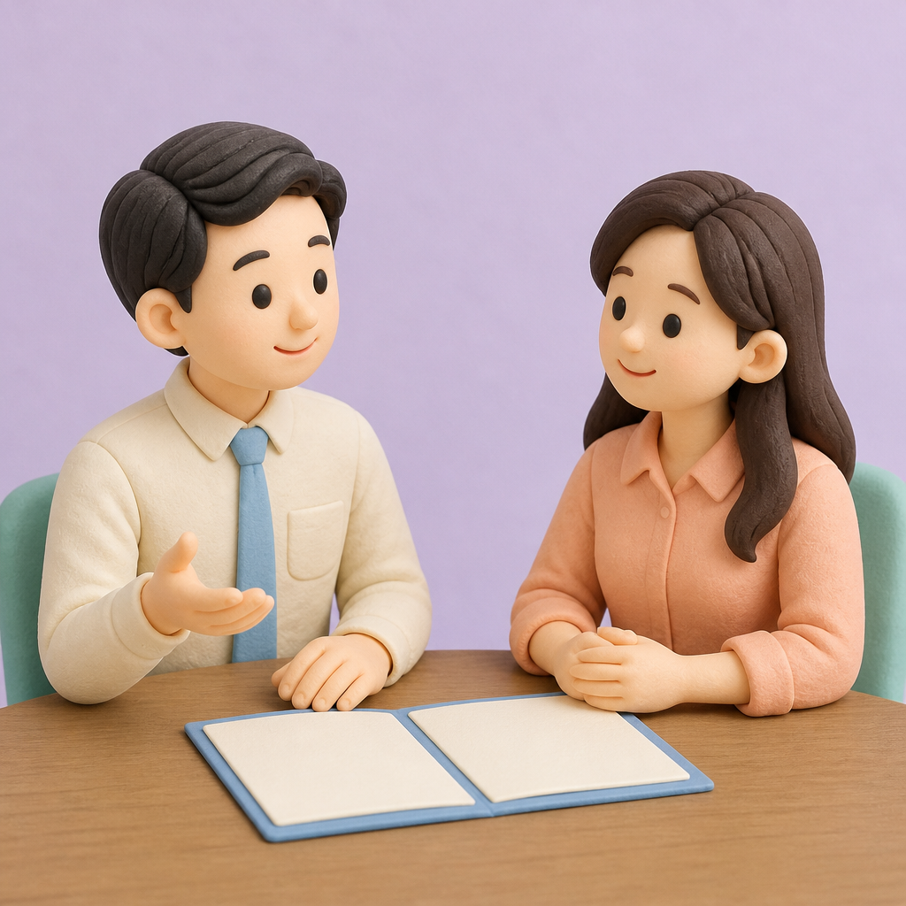 회의실 테이블에 서류철을 펼쳐 놓고 이야기하는 동료 둘