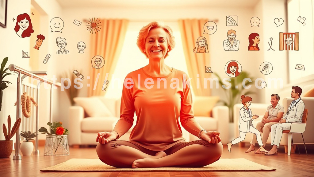 햇살 가득한 평화로운 공원에서 40대부터 노년층까지 다양한 연령대의 사람들이 요가, 가벼운 근력 운동 등을 활기차게 즐기는 모습.