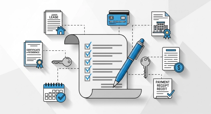 월세 세액공제 서류 준비 체크리스트와 계약서, 납부 영수증 아이콘