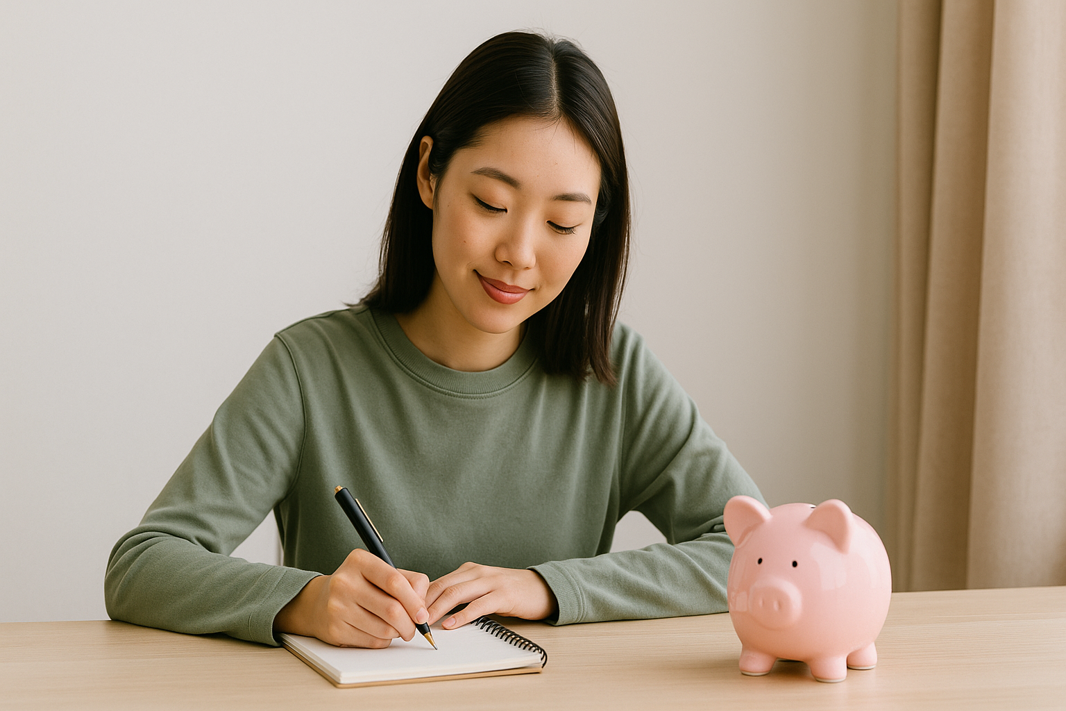 젊은 여성이 분홍색 저금통 옆에서 노트에 글을 쓰고 있는 모습으로, CMA 계좌를 통해 저축을 계획하는 모습을 표현함