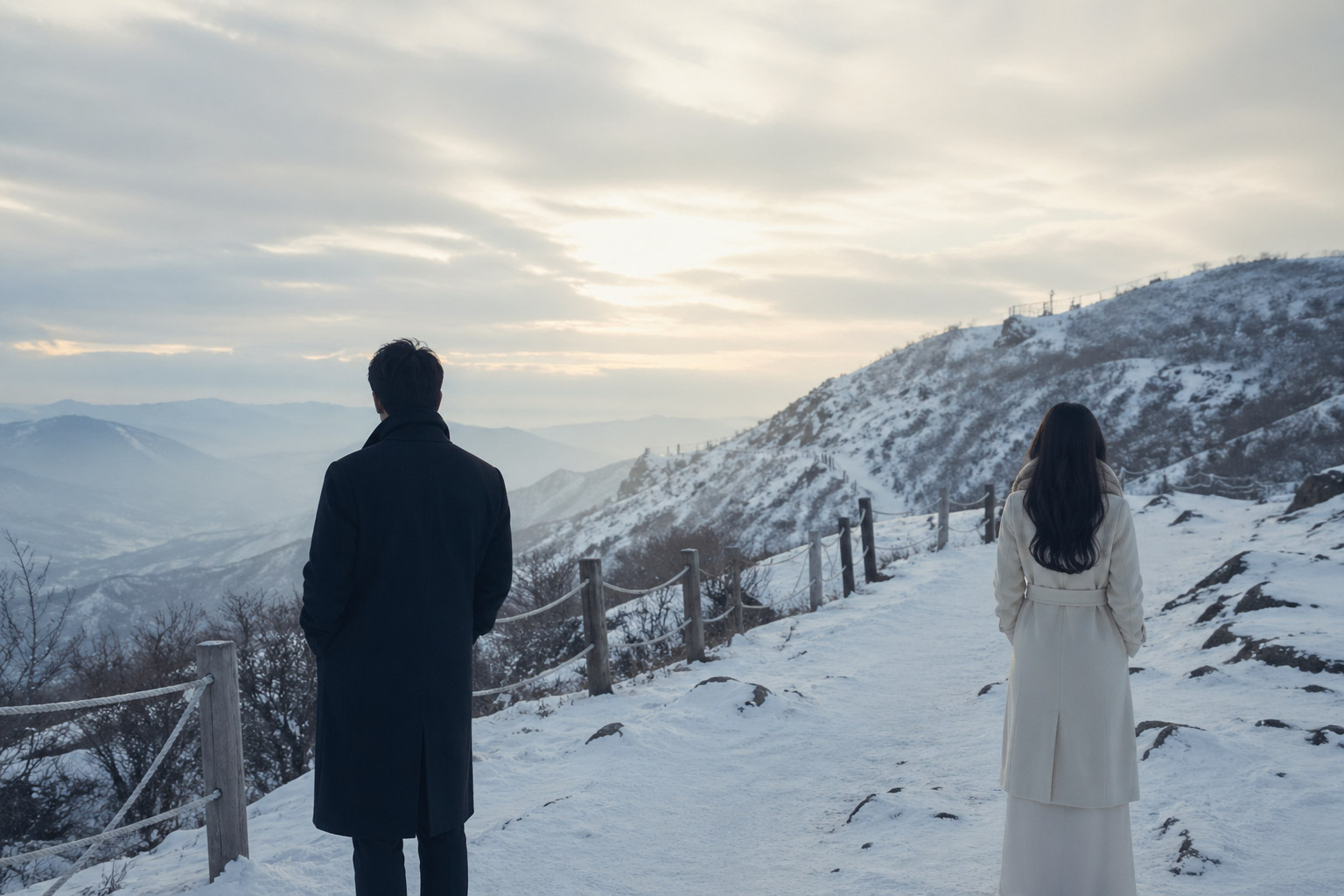 눈 덮인 산길에서 서로 떨어져 서 있는 두 사람의 뒷모습, 한국 드라마 감성의 겨울 장면