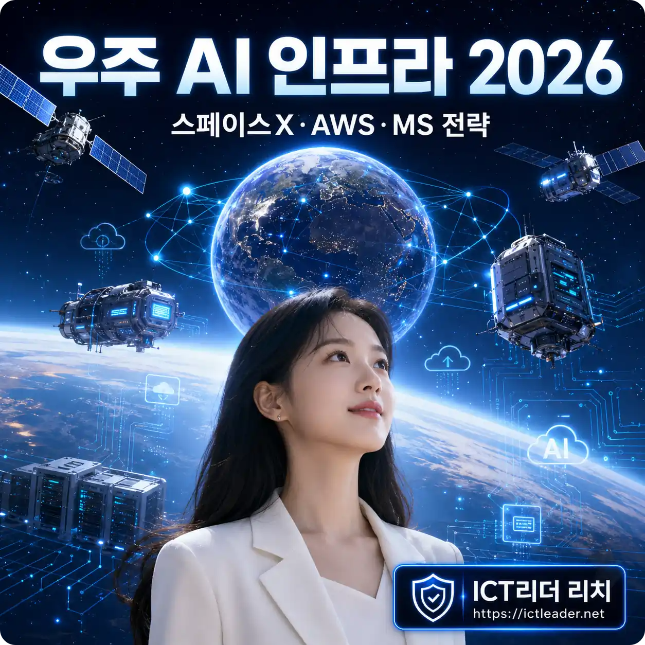 우주 AI 인프라와 스페이스X 위성 데이터센터를 상징하는 여성 중심 대표 썸네일 이미지