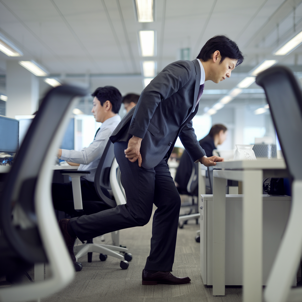 [이미지 2: 정장을 입은 한 40대 한국인 남성이 사무실 자신의 자리 옆에서 구두를 신은 채로 까치발 운동을 하고 있는 모습]