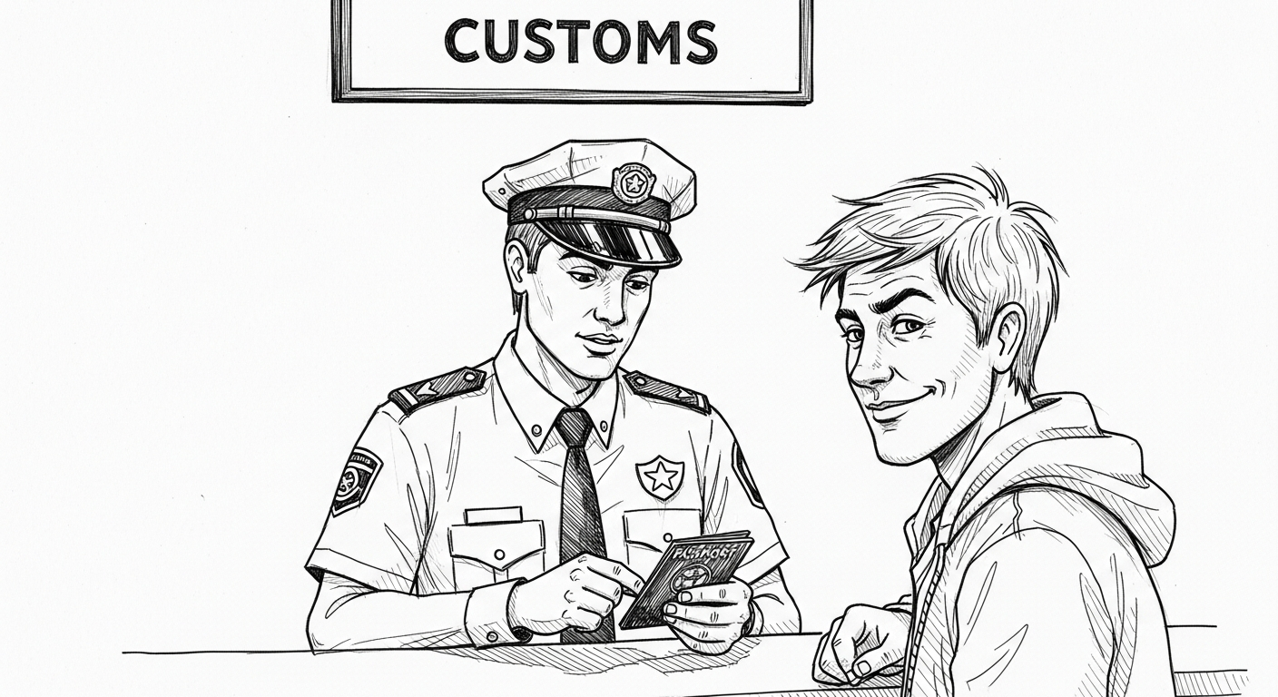 세관 심사대에서 미소 짓는 여행자