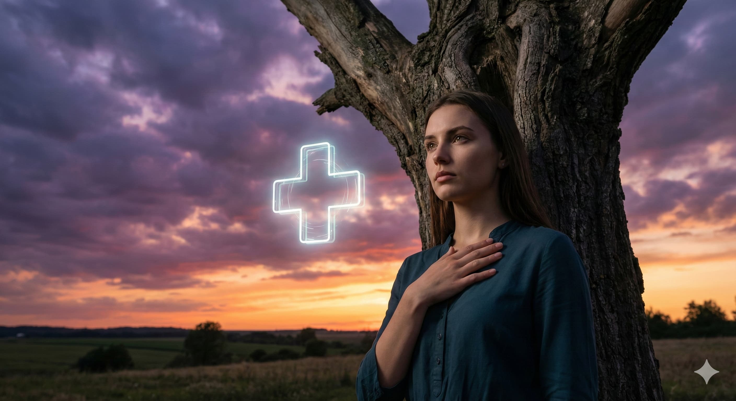 노을 진 자연 배경 속에서 숭고한 약속을 다짐하는 여성 의사 모델, 지역 의무 복무와 헌신 상징