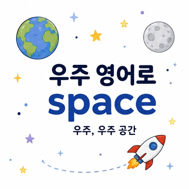 우주 영어로와 space, universe 단어를 별과 행성 아이콘과 함께 보여주는 이미지