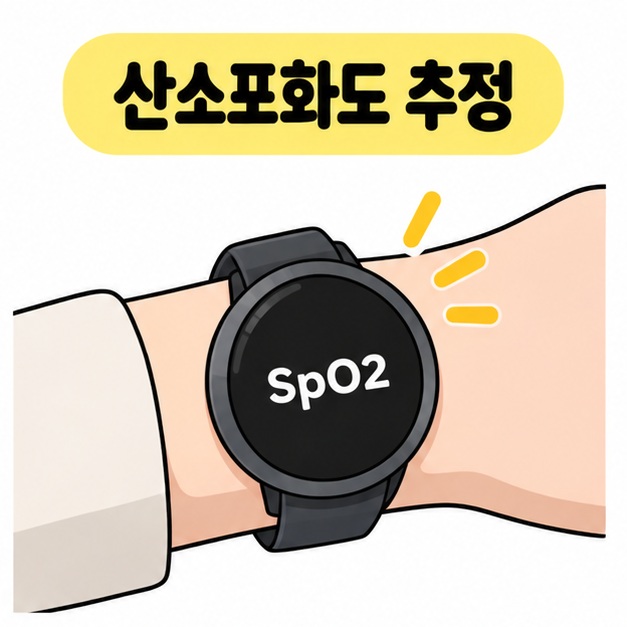 산소포화도 추정 문구와 함께 손목에 착용한 검은색 둥근 워치 화면에 SpO2가 표시된 모습