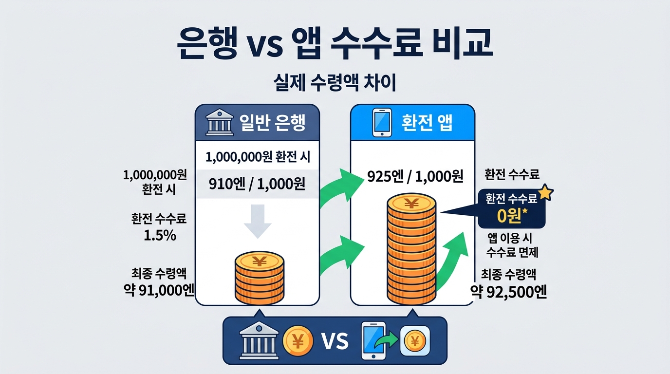 일반 은행과 환전 앱의 수수료 및 엔화 수령액 비교 차트