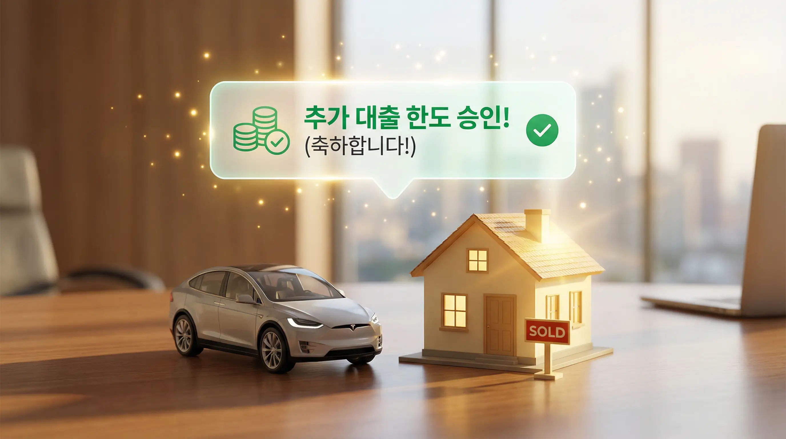 자동차와 부동산 모형 위로 추가 대출 한도 승인 메시지가 떠오르는 긍정적인 이미지