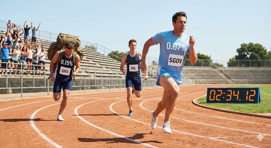 트랙 위에서 SGOV, SHV, BIL이라는 이름표를 달고 달리기를 한다. SGOV는 '0.07%'라고 적힌 아주 가벼운 옷을 입고 전력 질주하고, SHV는 '0.15%'라고 적힌 무거운 배낭을 메고 뒤쳐져 있는 모습