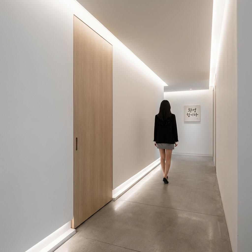 걸레받이까지 생략한 마이너스 몰딩과 무문선의 조화