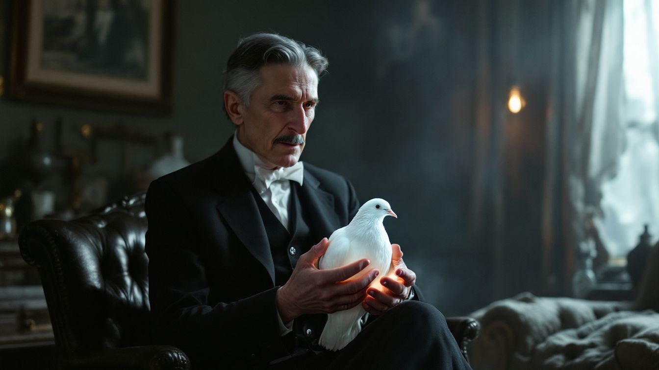 니콜라 테슬라가 뉴욕 호텔 방 안에서 흰 비둘기를 바라보며 앉아 있는 감성적이고 미스터리한 장면
