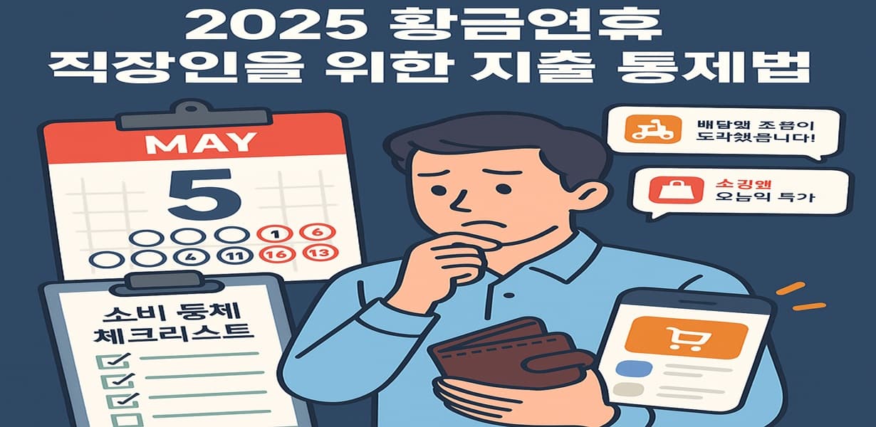 황금연휴 기간 소비 통제를 고민하며 쇼핑앱과 배달앱 알림에 흔들리는 직장인의 모습