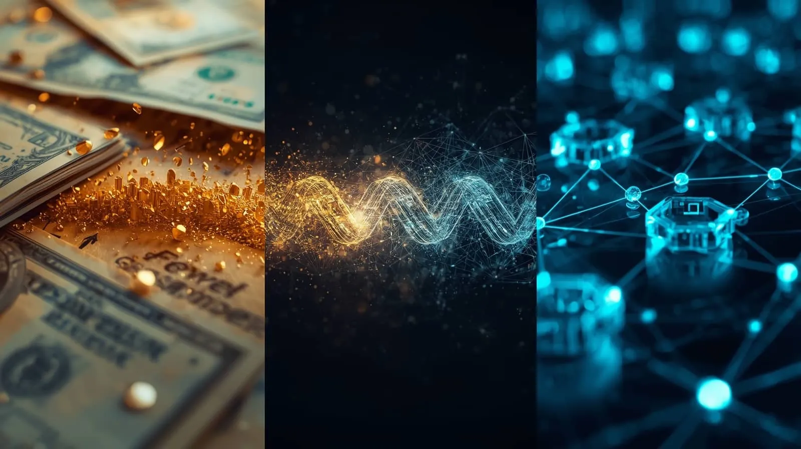 실물 달러 지폐가 황금빛 입자로 분해되어 데이터 웨이브를 거쳐 블록체인 네트워크의 디지털 토큰으로 변환되는 3단계 시각화 이미지. 이 이미지는 미국 RWA 토큰화 시장의 핵심 개념인 실물 자산의 디지털 변환 과정을 표현하며, 블로그의 2024-2025 RWA 시장 분석 내용을 시각적으로 전달함 (US RWA tokenization, digital asset transformation, blockchain network, real-world asset)