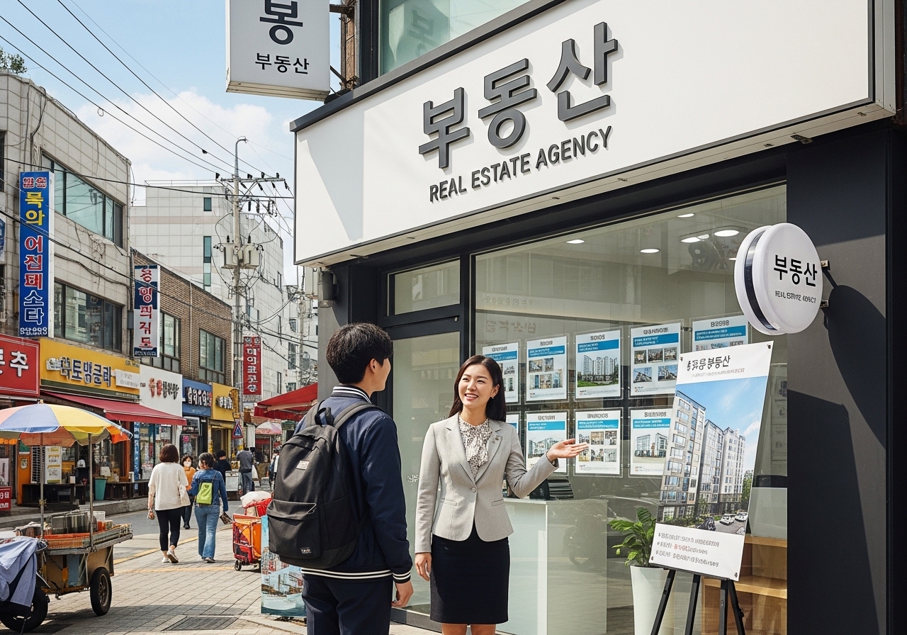 부동산 공인중개사 사무소 앞에서 상담하는 대학생