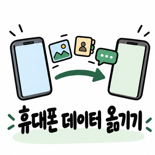아이폰과 갤럭시 사이에 사진과 연락처가 이동하는 아이콘 옆에 휴대폰 데이터 옮기기라는 제목이 크게 적힌 대표 썸네일