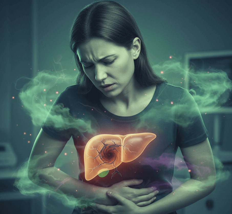 피로한 여성, 간의 피로, 간모양, 통증, 여성