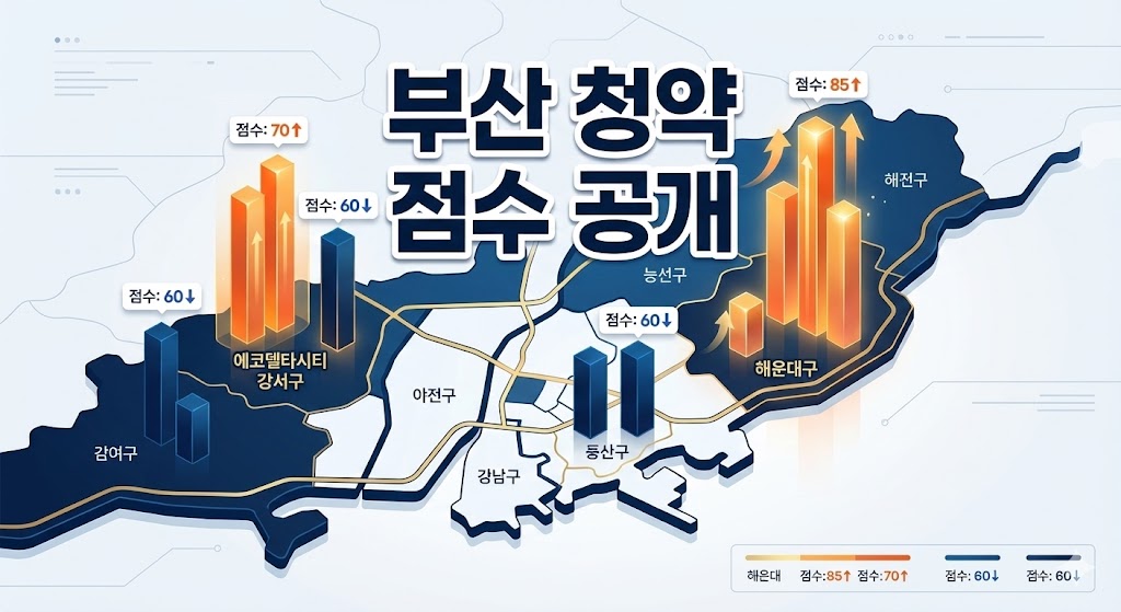 부산 청약 가점 분석 썸네일, 지도 위에 솟아오른 그래프와 '부산 청약 점수 공개'라는 문구